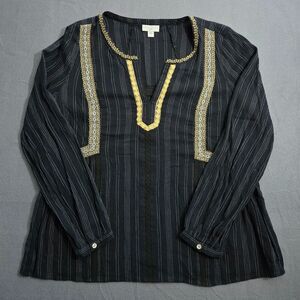 J. Jill Women L Black Stripe Embroidered Semi Sheer Blouse Boho Peasant